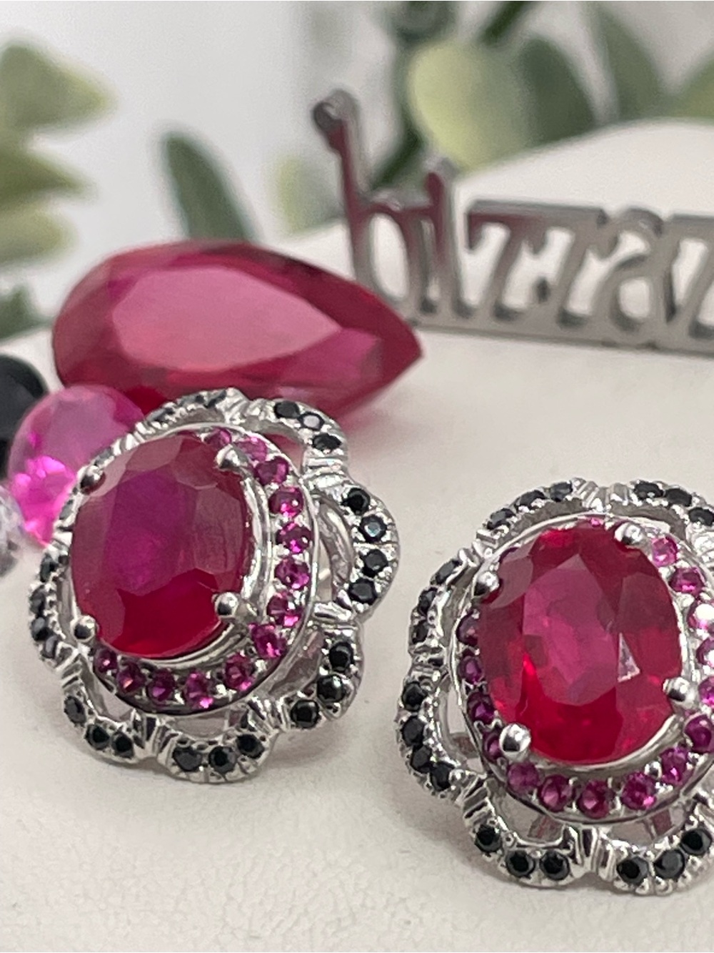 10ct VIOLET Ruby Sapphire Pink Black Sapphires. Sterling Silver .925 Earrings